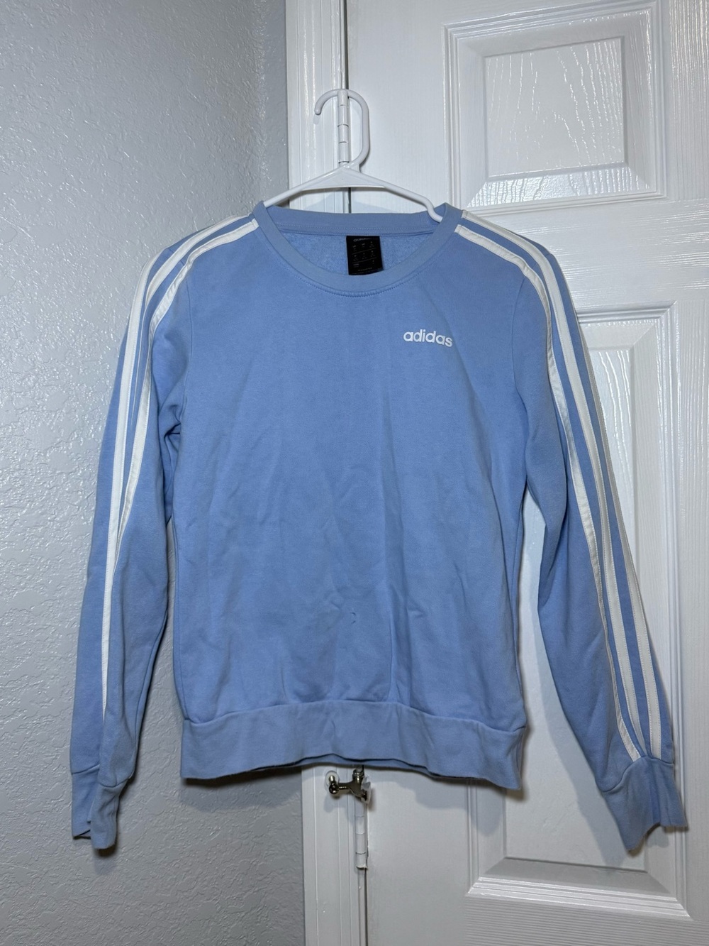 adidas Light Blue Crew Sweatshirt with White Three-Stripes